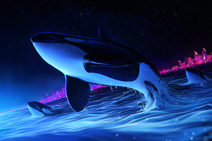 Dolphin Night Orca Whale Digital Art (1920x1080) Resolution Wallpaper