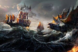 Dragon Fight Ocean Ship Painting 5k