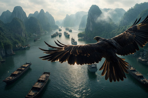 Eagle Soaring Above Ancient World (3440x1440) Resolution Wallpaper