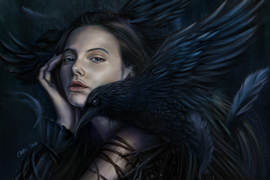 Fantasy Girl With Crow On Her Shoulder (2560x1080) Resolution Wallpaper