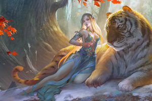 Fantasy Girl With Tiger Wallpaper