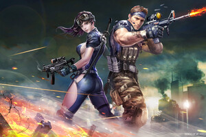 Fighter Girl And Boy With Big Guns (1360x768) Resolution Wallpaper
