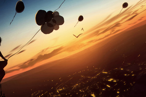 Fly With Balloons At Dusk (2048x1152) Resolution Wallpaper