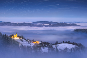 Fog And Starlight A Church In The Valley (320x240) Resolution Wallpaper