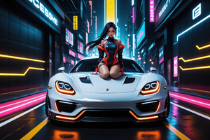 Futuristic Girl Cyberpunk Neon Lights Street Sitting On Porsche 4k (2560x1024) Resolution Wallpaper