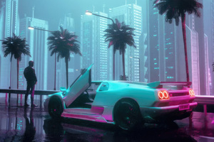Futuristic Retro Drive Synthwave Car Expedition (2932x2932) Resolution Wallpaper