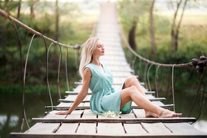 Girl Barefoot Sitting Bridge Depth Of Field 4k (2560x1440) Resolution Wallpaper
