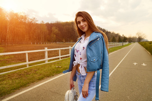 Girl Blue Jacket Jeans Smiling 4k (2560x1080) Resolution Wallpaper