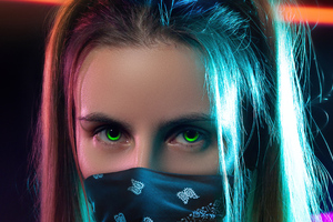 Girl Cloth Mask Glowing Green Eyes