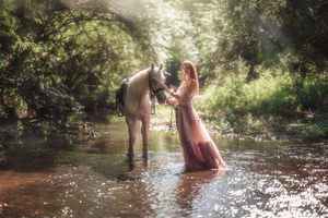 Girl Dreamy Encounter With Majestic Horse (1360x768) Resolution Wallpaper