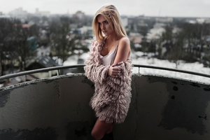 Girl In A Cozy Coat Standing At Balcony (320x240) Resolution Wallpaper