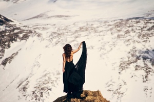 Girl In Black Dress Mountains Wallpaper
