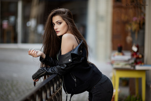 Girl In Black Leather Jacket Looking At Viewer (2048x2048) Resolution Wallpaper