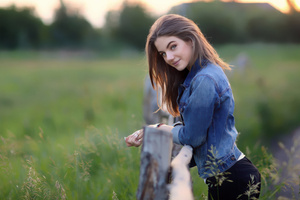 Girl In Denim At Sunset Fields Wallpaper