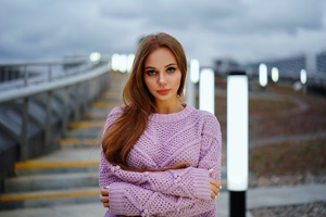 Girl In Sweater Outdoors (2560x1024) Resolution Wallpaper