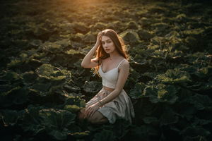 Girl In Vegetable Field Sun Rays From Behind (1366x768) Resolution Wallpaper