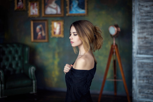 Girl Indoor Black Clothing (2560x1440) Resolution Wallpaper
