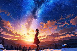 Girl Looking At Starry Sunset (1024x768) Resolution Wallpaper