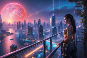 Girl Looking At The Lunar Colony (1366x768) Resolution Wallpaper