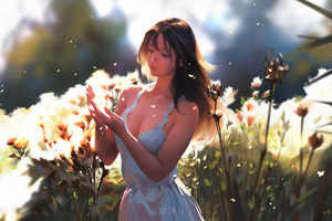 Girl Loving Flowers (2560x1440) Resolution Wallpaper