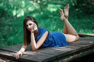Girl Lying Down Blue Dress 4k