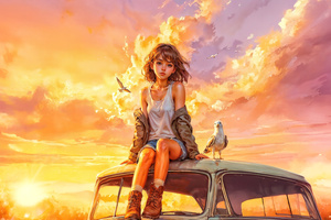 Girl On Vintage Car Roof (2560x1700) Resolution Wallpaper