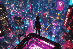 Girl Overlooking Futuristic Cityscape (2048x1152) Resolution Wallpaper