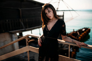 Girl Pier Side Black Clothing (1280x1024) Resolution Wallpaper