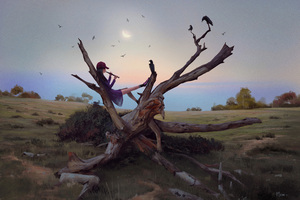 Girl Playing Flute On Raven Tree (2560x1440) Resolution Wallpaper