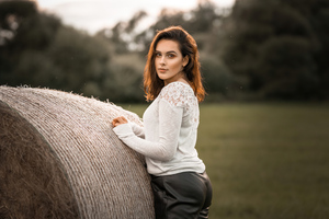 Girl Posing Wheat Roll Field 4k Wallpaper