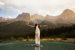 Girl Rainbow Into The Nature 4k (1336x768) Resolution Wallpaper