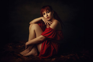 Girl Red Dress Sitting 5k (1280x800) Resolution Wallpaper