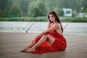 Girl Red Dress Smiling Sitting Outdoor Wallpaper