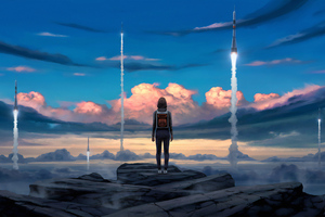 Girl Seeing Rocket Launches (1336x768) Resolution Wallpaper
