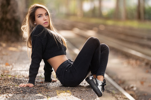 Girl Sitting Bokeh Jeans Rail Track Side Wallpaper