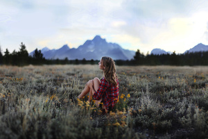 Girl Sitting In Grasslands 4k (2560x1080) Resolution Wallpaper