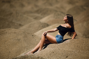 Girl Sitting Jean Shorts In Desert (1280x720) Resolution Wallpaper