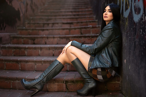 Girl Sitting On Stairs High Heeled Boots Wallpaper