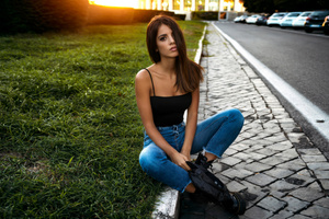 Girl Sitting Road Side Wallpaper