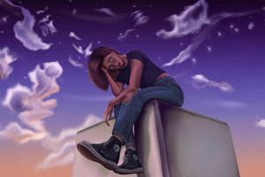 Girl Sitting Under Purple Sky (1280x720) Resolution Wallpaper