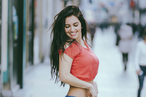 Girl Smiling Portrait Outdoor Looking Down 4k (2560x1440) Resolution Wallpaper