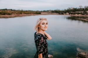 Girl Standing Besing Lake Wallpaper