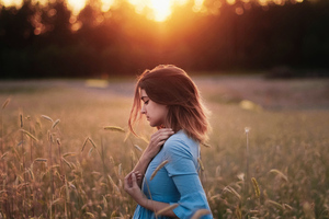Girl Standing In Corn Field Sunset Evening 4k Wallpaper
