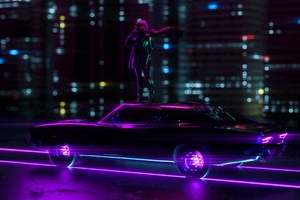 Girl Standing On Car Neon City