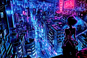 Girl Watching The Neon Glow In The Blue City Scape (1600x900) Resolution Wallpaper