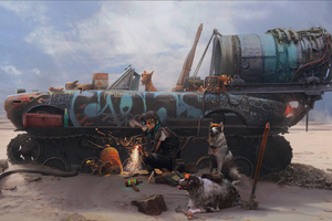 Girl Welding Tank With Dogs (1336x768) Resolution Wallpaper