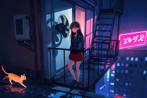 Girl With Cat At Rooftop Cyberpunk City (1280x1024) Resolution Wallpaper