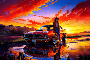 Girl With Classic Vintage Muscle Car (2932x2932) Resolution Wallpaper