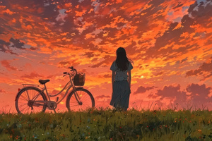 Girl With Cycle Golden Hour Goodbye (3440x1440) Resolution Wallpaper