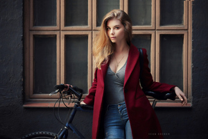 Girl With Cycle Posing (2048x2048) Resolution Wallpaper
